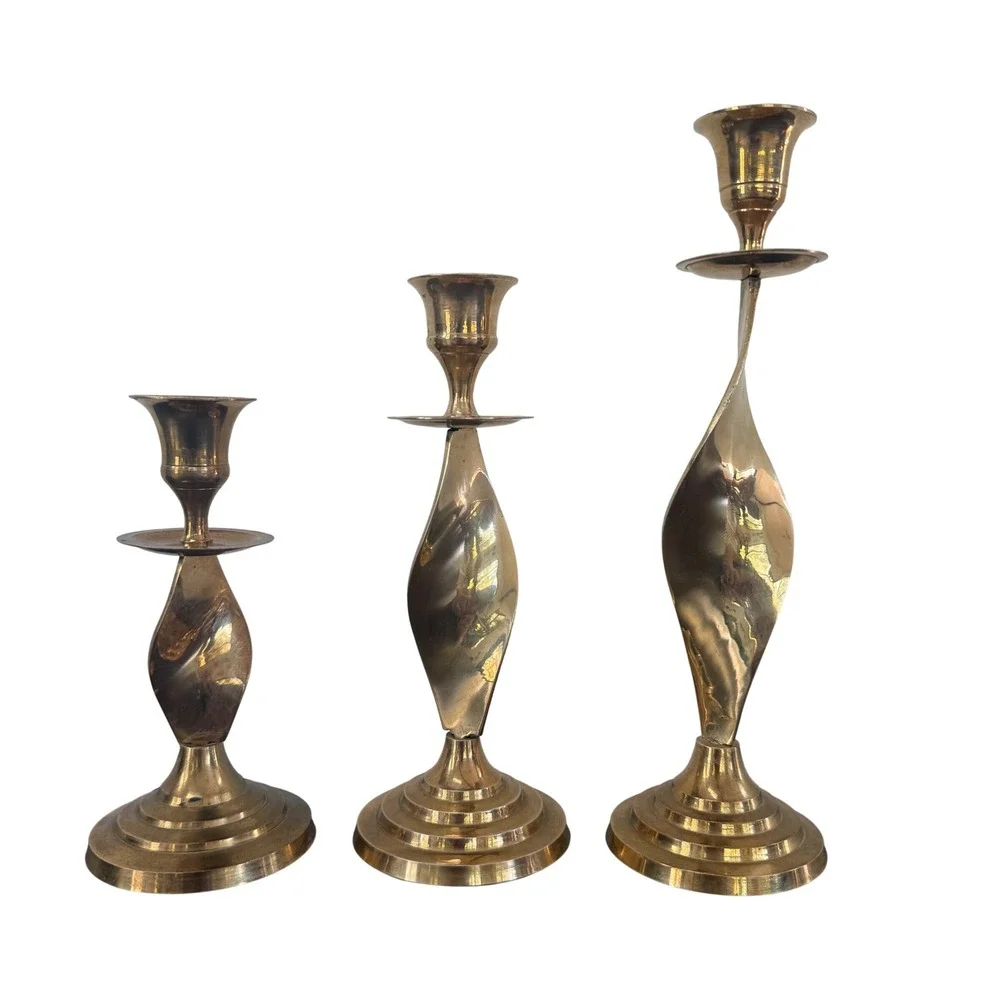 Vintage Brass Twisted Spiral Candlestick Holders Set of 3 MCM India